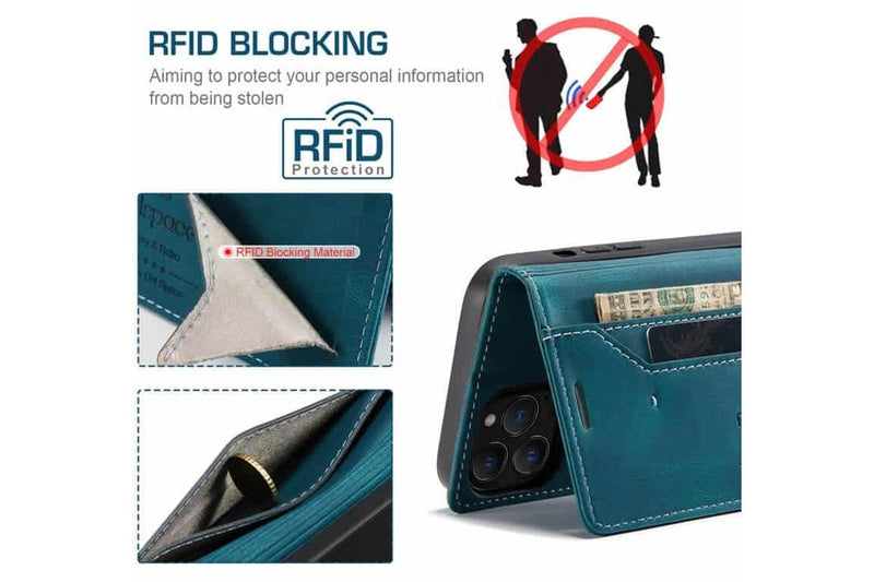 SupRShield For Apple iPhone 15 Pro Max Case RFID Blocking Retro Flip Premium Leather Card Holder Wallet Cover - Cyan Blue