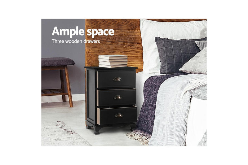 Artiss Bedside Table 3 Drawers Vintage - THYME Black