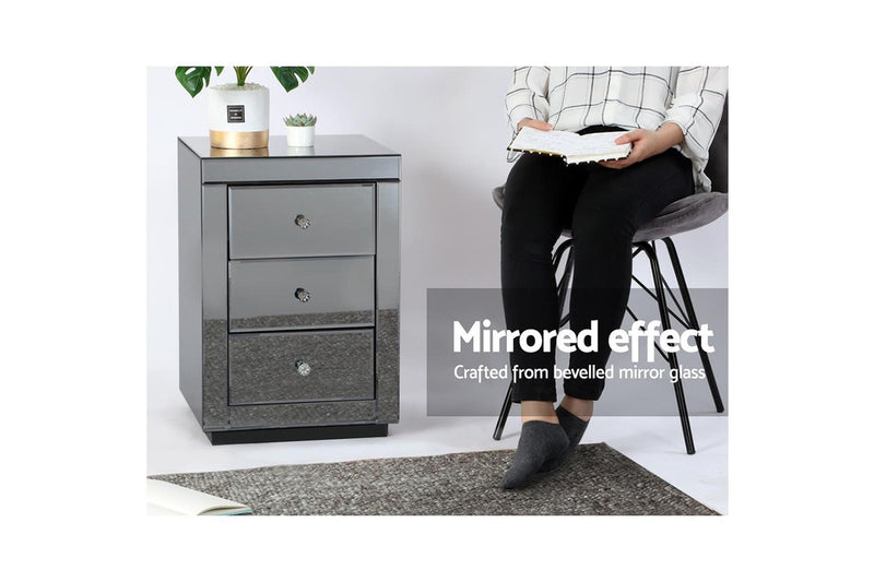 Artiss Bedside Table 3 Drawers Mirrored - PRESIA Grey