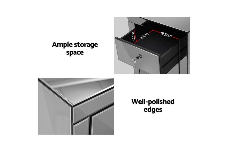 Artiss Bedside Table 3 Drawers Mirrored Glass - QUENN Grey