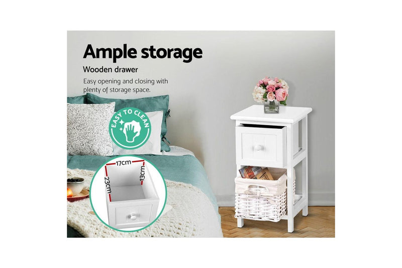 Artiss Bedside Table 1 Drawer with Basket Rustic White X2
