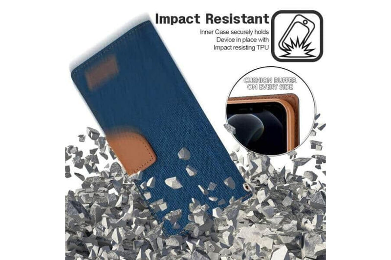 Goospery Canvas Apple iPhone X/XS Wallet Leather Case Denim Stand Flip Fabric Pouch Credit Card Slots Cover - Navy Blue