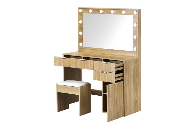 Oikiture Dressing Table Stool Set 12 LED Bulbs(Oak)
