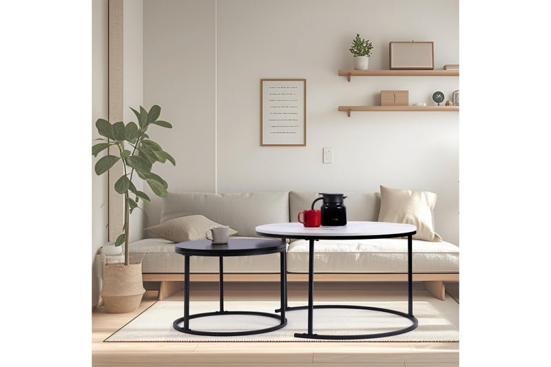 Set of 2 Coffee Table Round Marble Nesting Side End Table Furniture