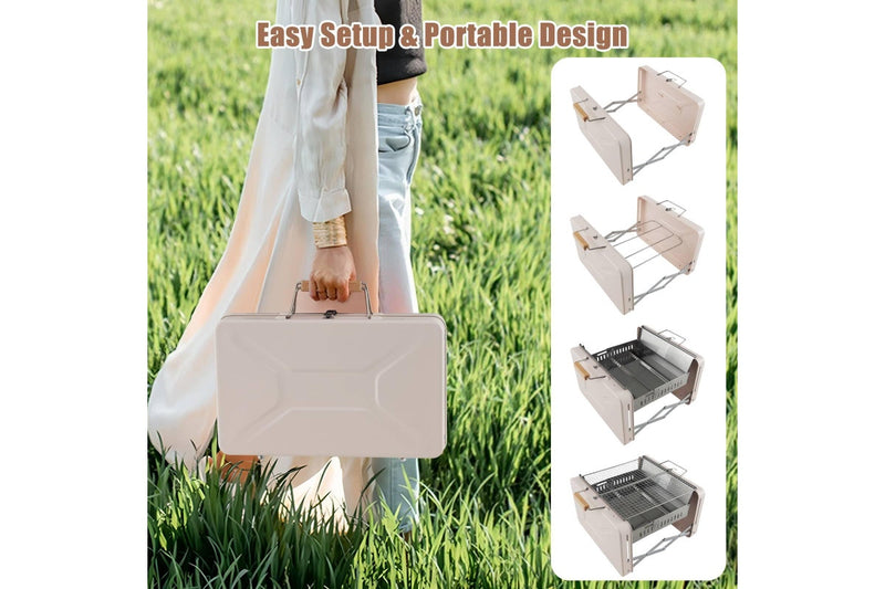 Costway Portable Charcoal Grill Folding BBQ Grill Outdoor Camping Grill w/Foldable Body & Charcoal Box Beige