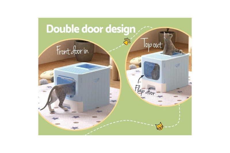 I.Pet Box Large Tray Kitty Toilet Enclosed Hooded Foldable Scoop Blue Cat Litter
