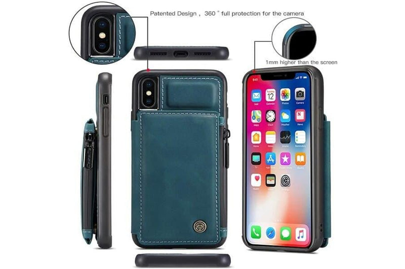 For Apple iPhone X / XS CaseMe Back Zipper Wallet Case W/ 3 Card Slots, RFID Blocking, 1 Money Pocket, Credit Card Holder Leather Cover (Teal Blue)
