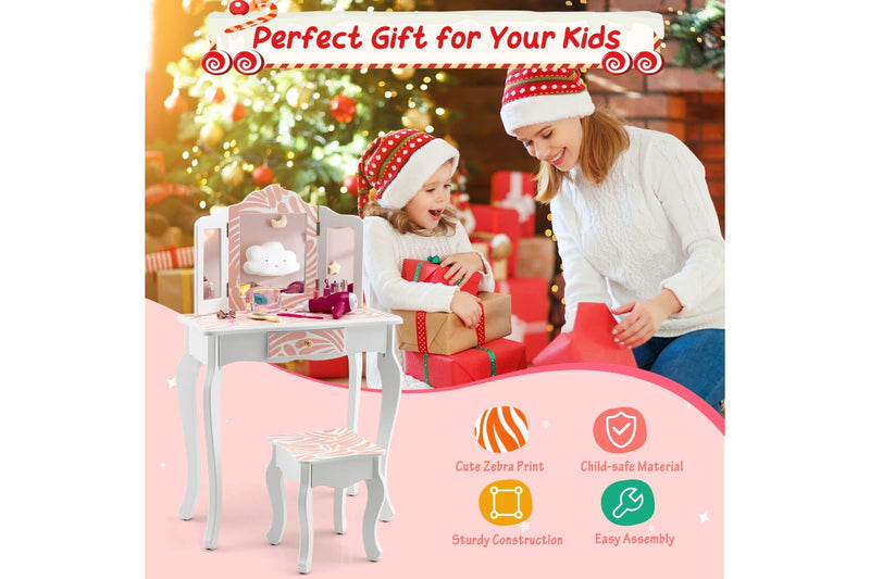 Giantex 2 in 1 Kids Vanity Table Set Toddler Pretend Play Makeup Dressing Table w/Mirror & Stool Writing Desk