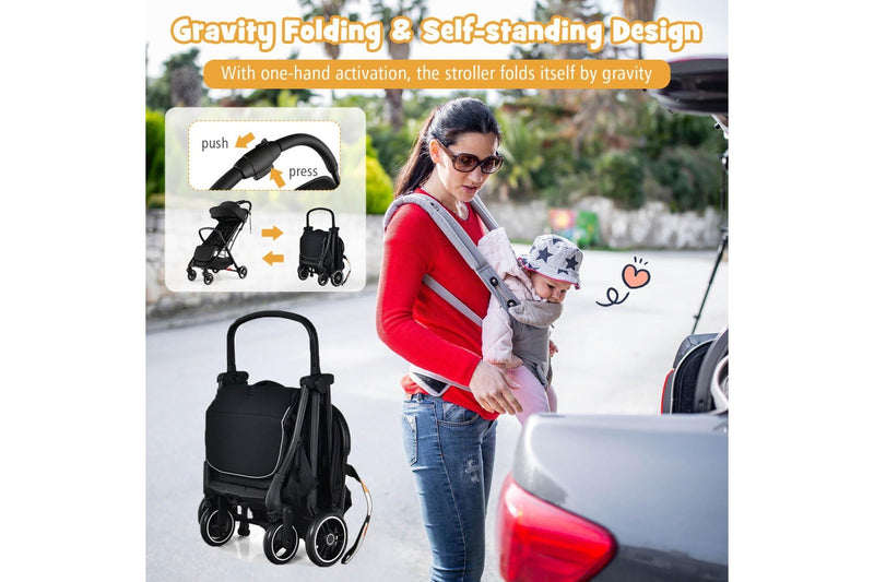 Giantex Folding Infant Stoller Portable Baby Stroller w/ Adjustable Canopy Self-Standing Gravity Folding Design Black