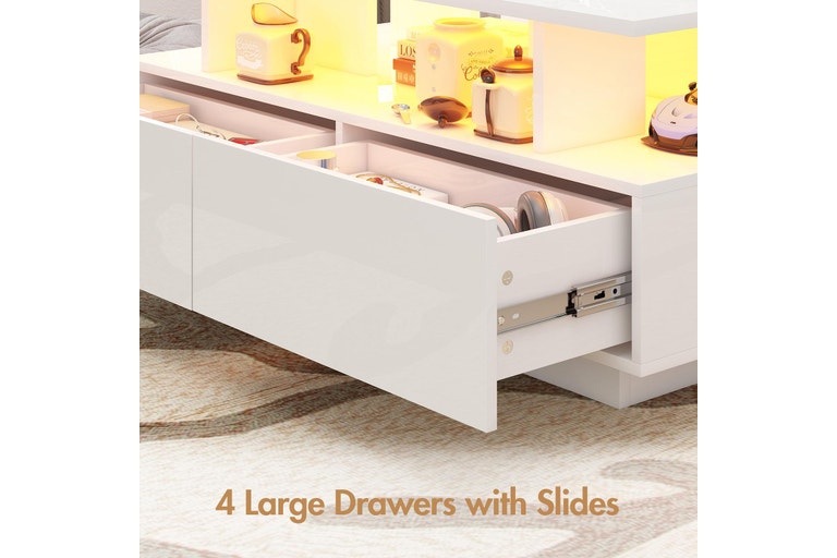Advwin LED Coffee Table with 4 Storage Drawers Rectangle High Gloss Central Table with Open Display Shelf White