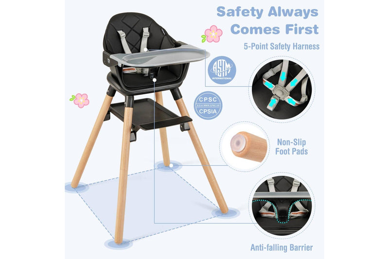 Costway High Chair Eating Feeding Chiar Dining Seat Wooden Furniture Black
