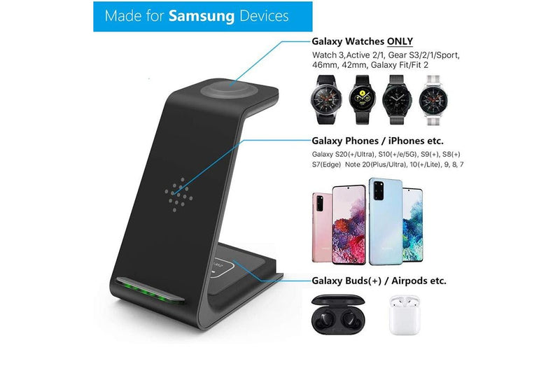 3-in-1 Qi-Certified Fast Wireless Charging Station for Samsung Phone Watch - Black