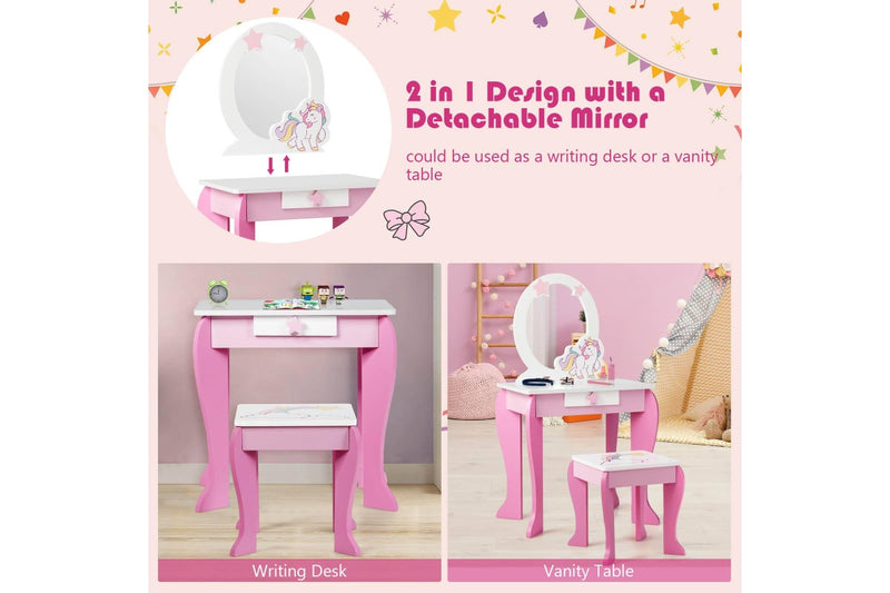 Costway Wooden Vanity Table Set Vanity Princess Makeup Dressing Table Set w/Mirror Pink