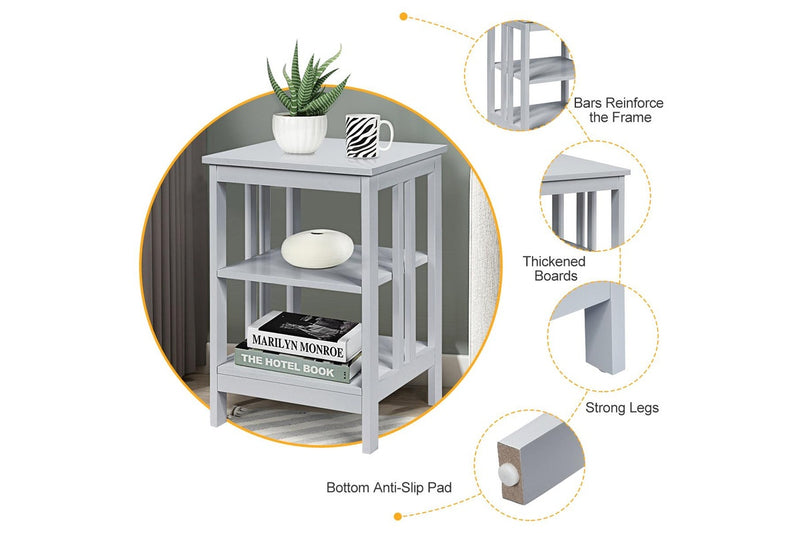 Giantex 3-Tier Bedside Table Nightstand Storage Display Shelf End Table, Grey