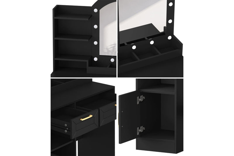 Oikiture Dressing Table Stool Set 12 LED Bulbs (Black)