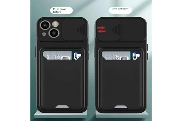 For Apple iPhone 15 Card Holder Mobile Phone Case Camera Protection Lens Slider Camera Shutter Wallet Cover(Green)