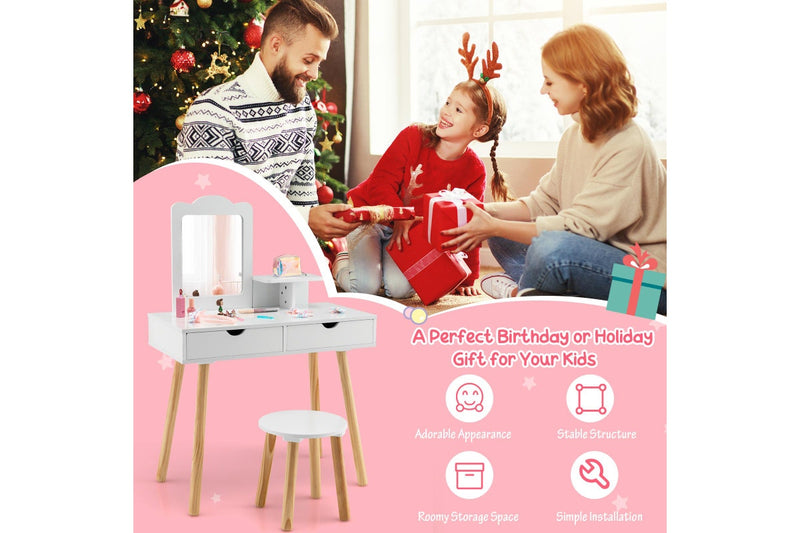 Giantex 2-in-1 Kids Vanity Table & Stool Set Makeup Dressing Table Princess Pretend Playset w/Removable Mirror & Drawer White