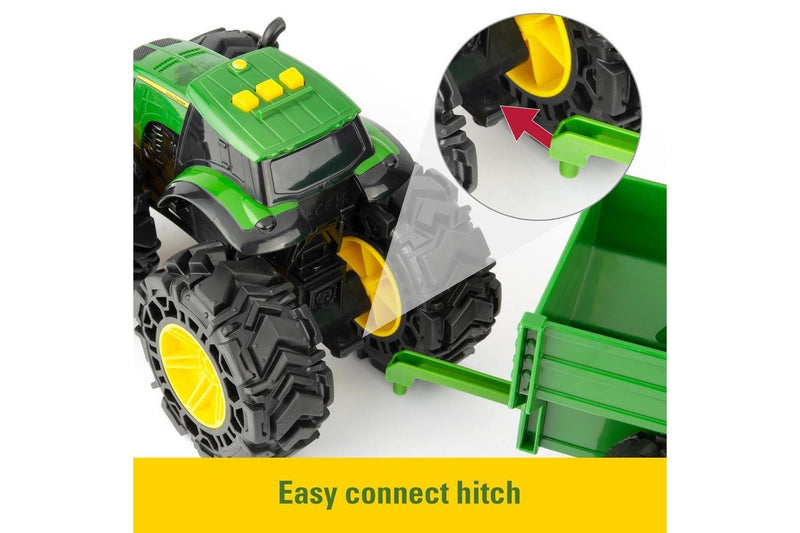 John Deere 38cm Monster Treads Tractor Kids Vehicle Toy w Wagon Light Sounds 3+