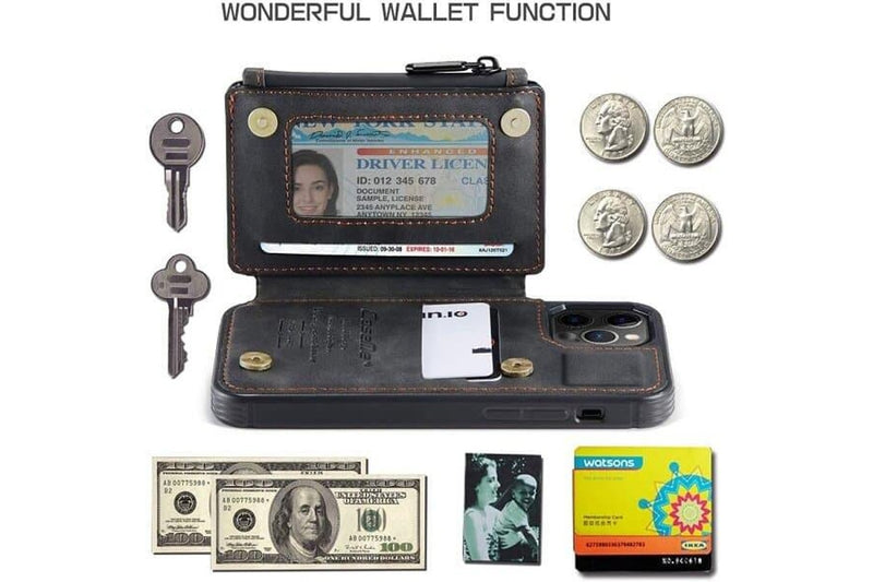 For Apple iPhone 13 Pro CaseMe Back Zipper Wallet Case W/ 3 Card Slots, RFID Blocking, 1 Money Pocket, Credit Card Holder Leather Cover (Black)