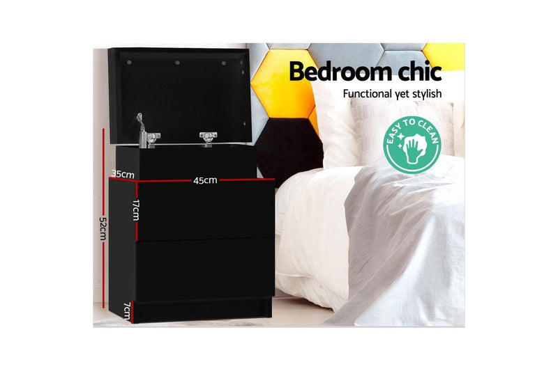 Artiss Bedside Table 2 Drawers Lift-up Storage - COLEY Black