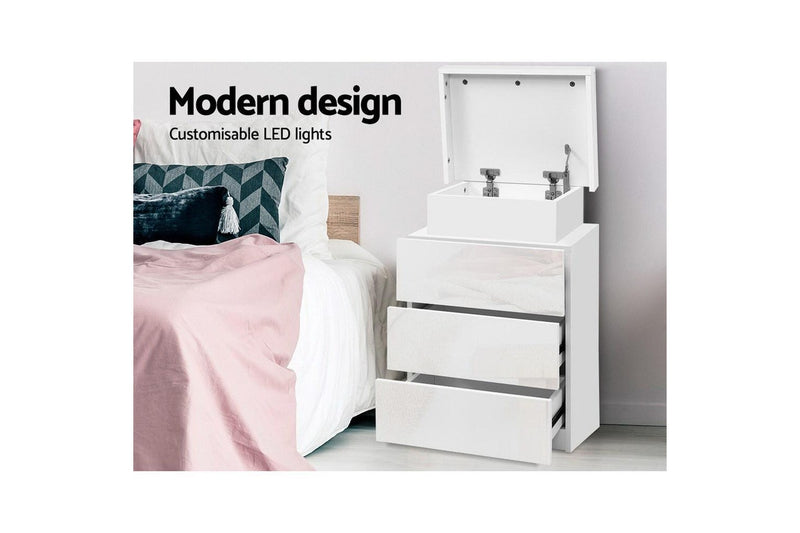 Artiss Bedside Table LED 3 Drawers - COLEY White