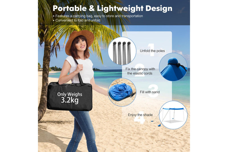 Costway Beach Sunshade Canopy UPF50+ Family Shelter Shade 3-4 Adults w/4 Poles Sandbags Peg Stakes Blue