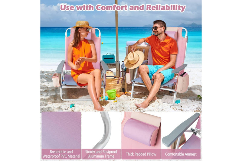 Costway 2-Pack Folding Backpack Beach Chair Portable Camping Stool w/Cup Holder Storage Pocket 5-Position Outdoor Reclining Chair