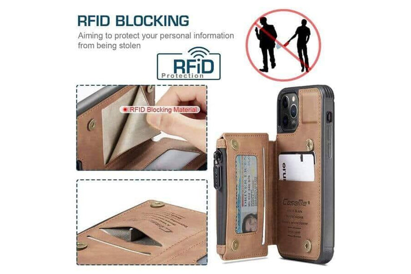 For Apple iPhone 13 Pro Max CaseMe Back Zipper Wallet Case W/ 3 Card Slots, RFID Blocking, 1 Money Pocket, Credit Card Holder Leather Cover (Brown)