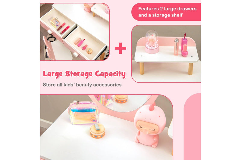 Costway 2 in 1 Dressing Table Vanity Table Set w/ Stool&Mirror Pink