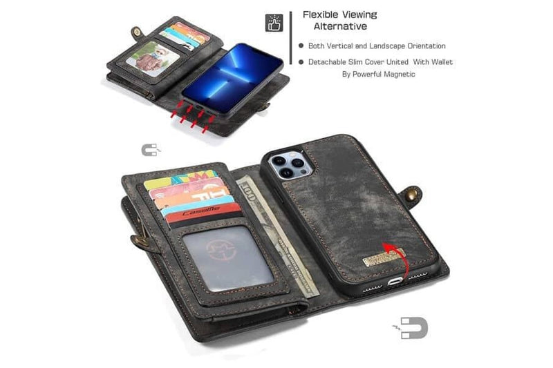 CaseMe For Apple iPhone 13 Pro Zipper & Detachable Retro Leather Pouch Wallet Flip Purse Bag Detachable Phone Case Cover (Black)