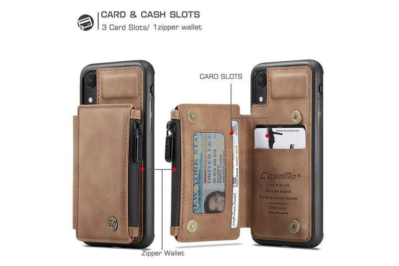 For Apple iPhone XR CaseMe Back Zipper Wallet Case W/ 3 Card Slots, RFID Blocking, 1 Money Pocket, Credit Card Holder Leather Cover (Brown)