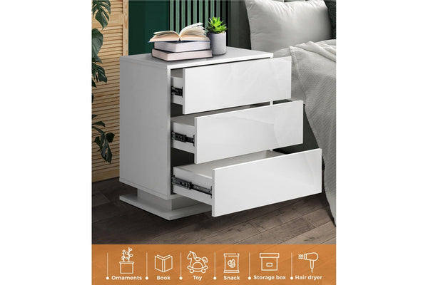 Oikiture LED Bedside Table 3 Drawers White