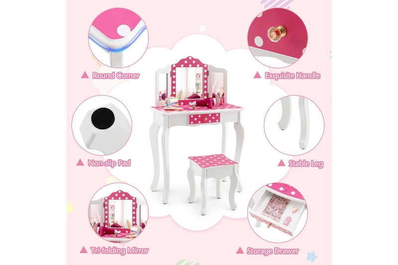 Costway Vanity Table & Chair Set Dressing Table Pretend Play Makeup Table Furniture Pink