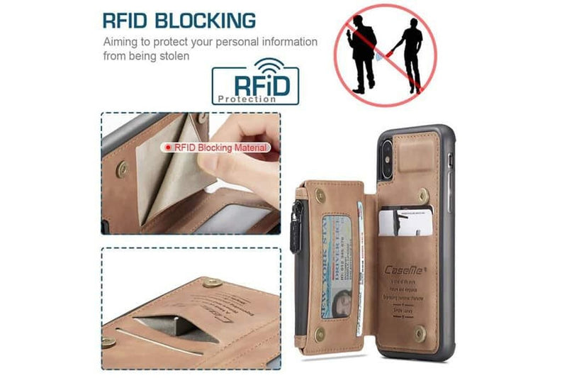 For Apple iPhone X / XS CaseMe Back Zipper Wallet Case W/ 3 Card Slots, RFID Blocking, 1 Money Pocket, Credit Card Holder Leather Cover (Brown)