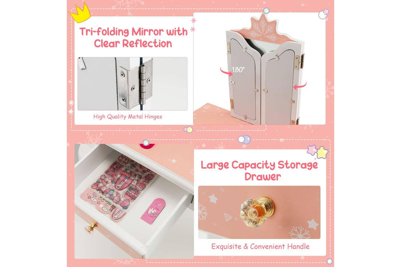 Costway Tri-Folding Mirror Vanity Table Writing Desk Durable Bedroom Furniture Pink