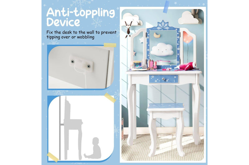 Costway Dressing Table Vanity Table & Stool Set Princess ren Gift Furniture Blue