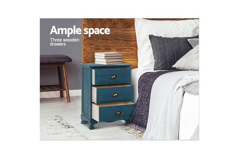Artiss Bedside Table 3 Drawers Vintage - THYME Blue