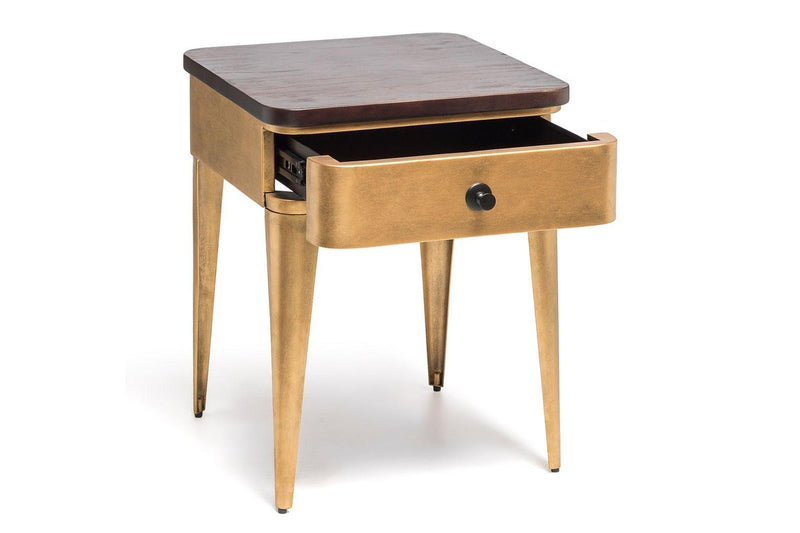 Modern Bedside Table In Brass Finish With Storage Drawer And Wood Top Bedside Tables