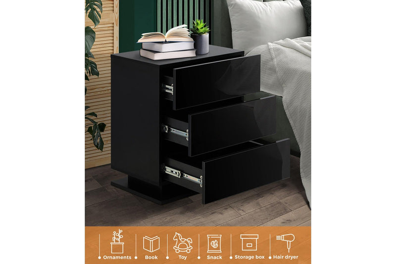 Oikiture LED Bedside Table 3 Drawers Black