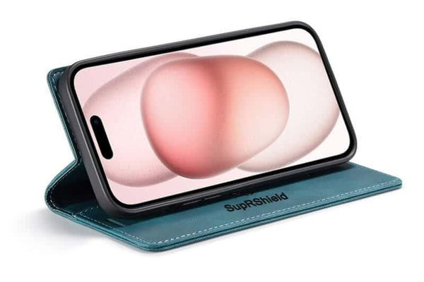 SupRShield For Apple iPhone 15 Plus Case RFID Blocking Retro Flip Premium Leather Card Holder Wallet Cover - Cyan Blue