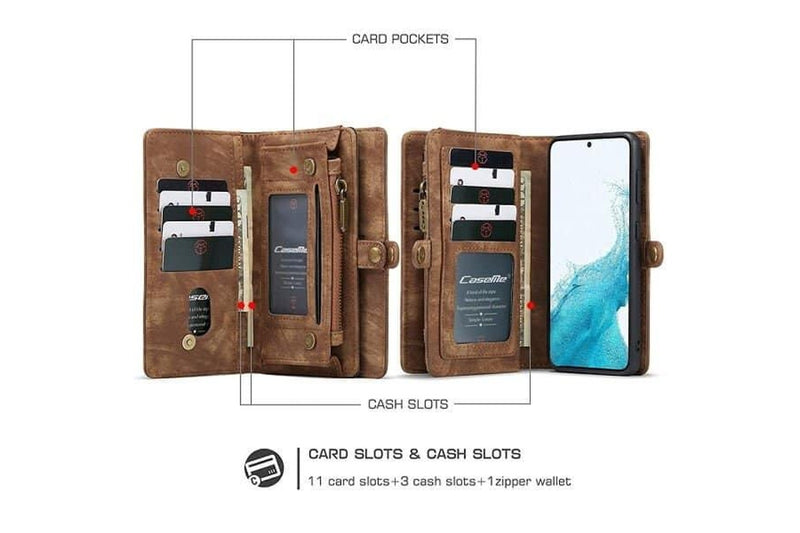 CaseMe For Samsung Galaxy S22 Zipper & Detachable Retro Leather Pouch Wallet Flip Purse Bag Detachable Phone Case Cover (Brown)