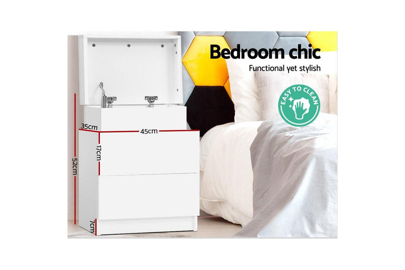 Artiss Bedside Table 2 Drawers Lift-up Storage - COLEY White