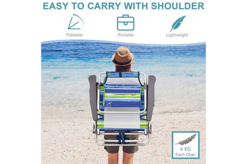 Costway 2 X Folding Reclining Beach Chairs Outdoor Camping Arm Chairs Fishing Panic w/ 5-Position Backrest & Head Pillow