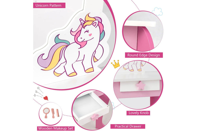 Giantex 2 in 1 Kids Vanity Table & Chair Set Princess Makeup Dressing Table w/Mirror & Comb Writing Desk Pink