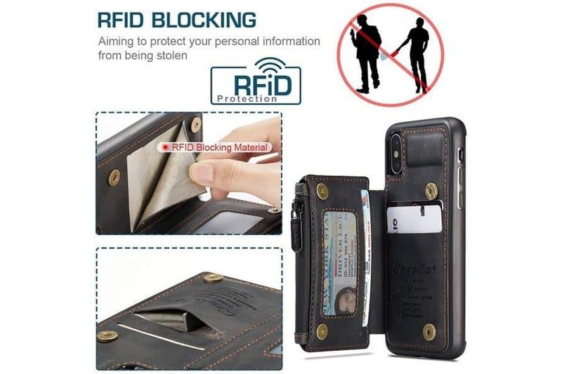 For Apple iPhone X / XS CaseMe Back Zipper Wallet Case W/ 3 Card Slots, RFID Blocking, 1 Money Pocket, Credit Card Holder Leather Cover (Black)