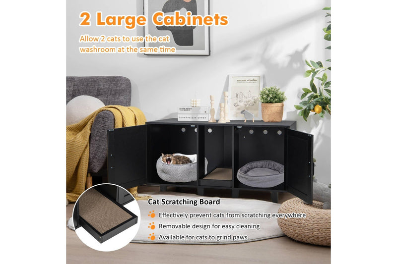 Costway Wooden Cat Litter Storage Cabinet Double Door Cat House w/Scratch Pad Black