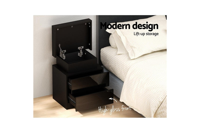 Artiss Bedside Table LED 2 Drawers Lift-up Storage - COLEY Black