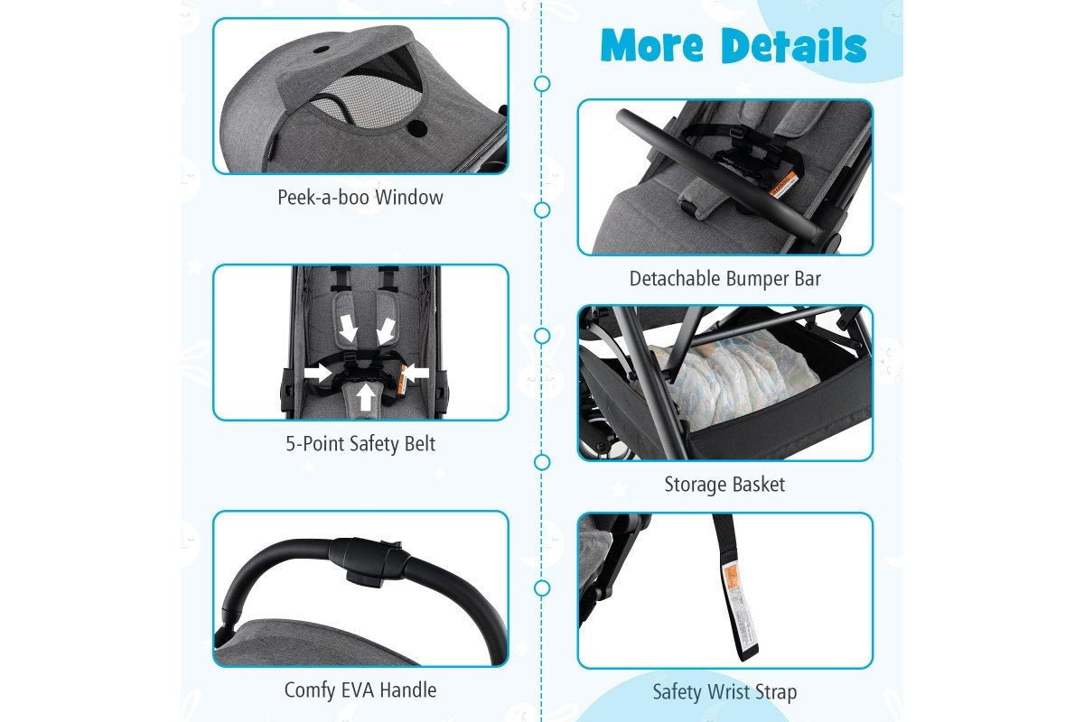 Costway Folding Stoller Portable Stroller w/Adjustable Canopy Gravity Self-Standing Dark Grey