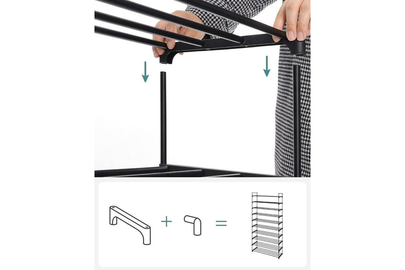 10 Tier Metal Shoe Rack for 50 Pairs of Shoes - Black