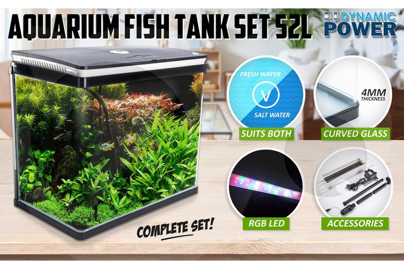 Dynamic Power Aquarium Fish Tank 52L Curved Glass Rgb Led Aquariums